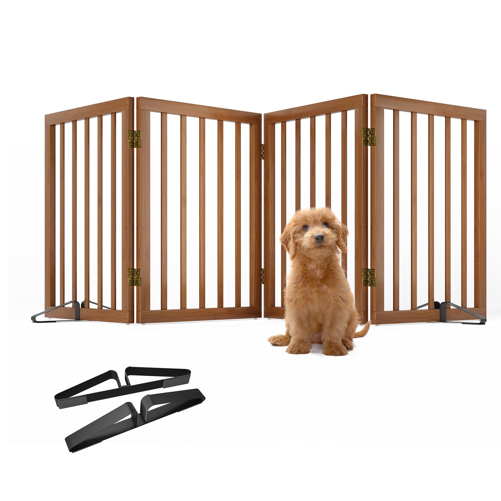 Freestanding Pet Gate Foldable Dog Gate,Walnut Bamboo Dog Gates for Stairs Doorways House Indoor (2 Support Feet Included) — view 6