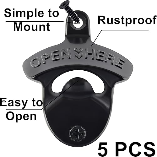 Miniatura 2 de HAIICEN Abridor de botella negro montado en la pared, abridor de cerveza clásico abierto aquí, práctico montaje en poste para abrebotellas (5