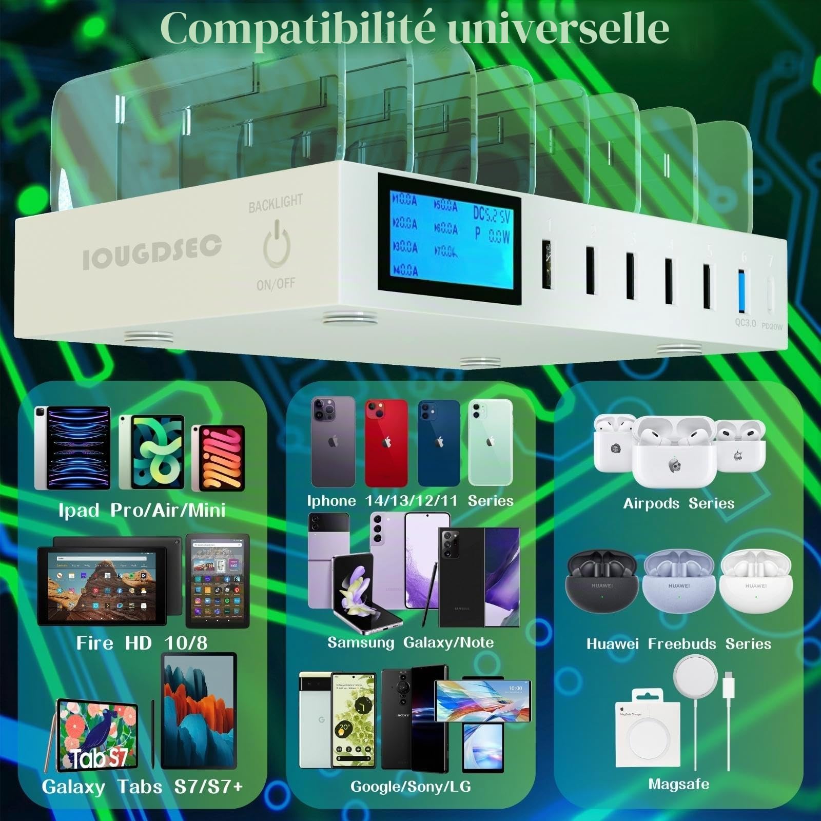 Station de charge rapide PD20W QC3.0 multi-ports USB, station de charge 7 en 1 pour plusieurs appareils avec écran LCD compatible avec iPhone, iPad, Samsung, Huawei et plus encore