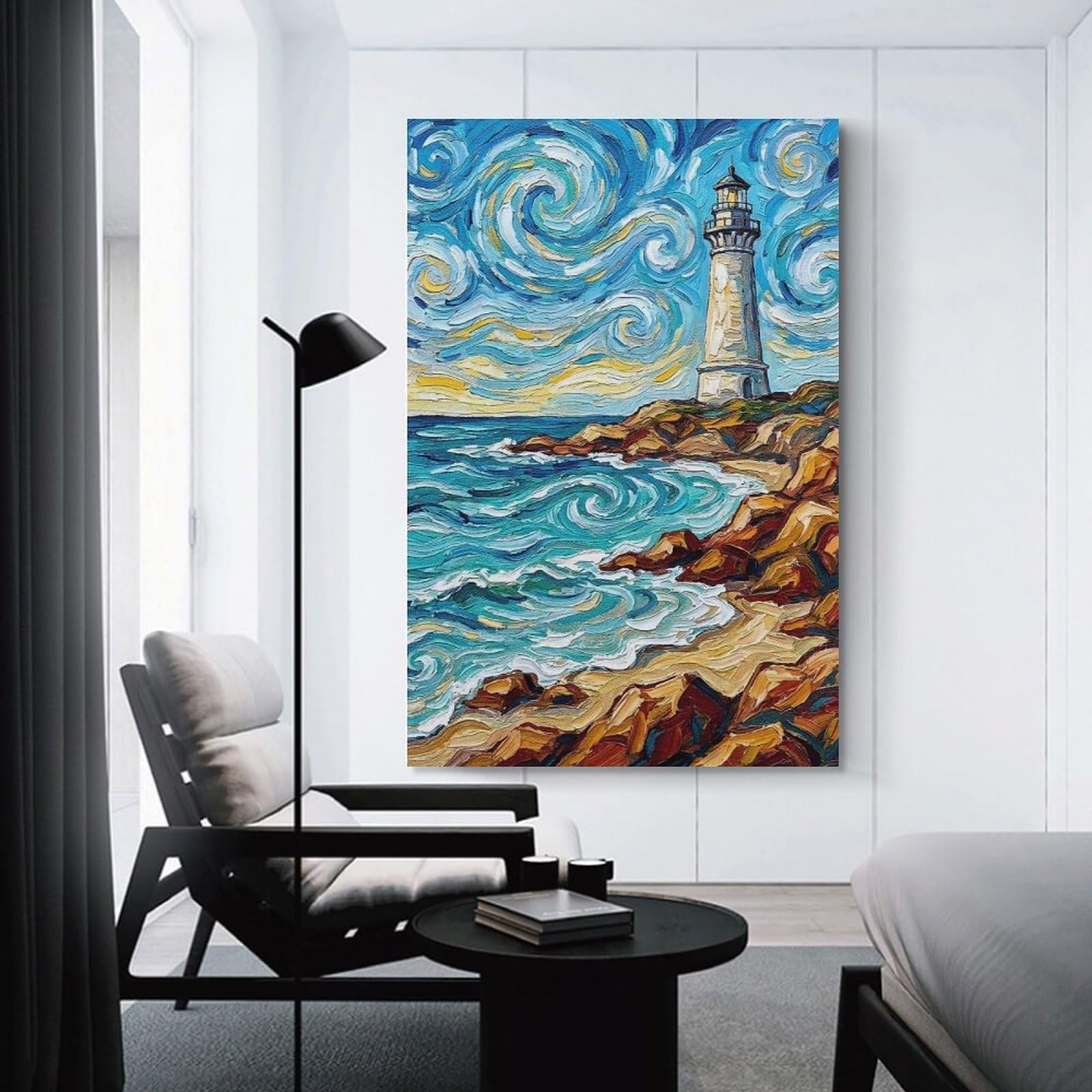 Junmoney Wall Art Print Lighthouse Seascape Painting, 24x36inch(60x90cm), for Hallway, Bedroom Or Modern Interiors, Thoughtful Wall Decor for Art Lovers