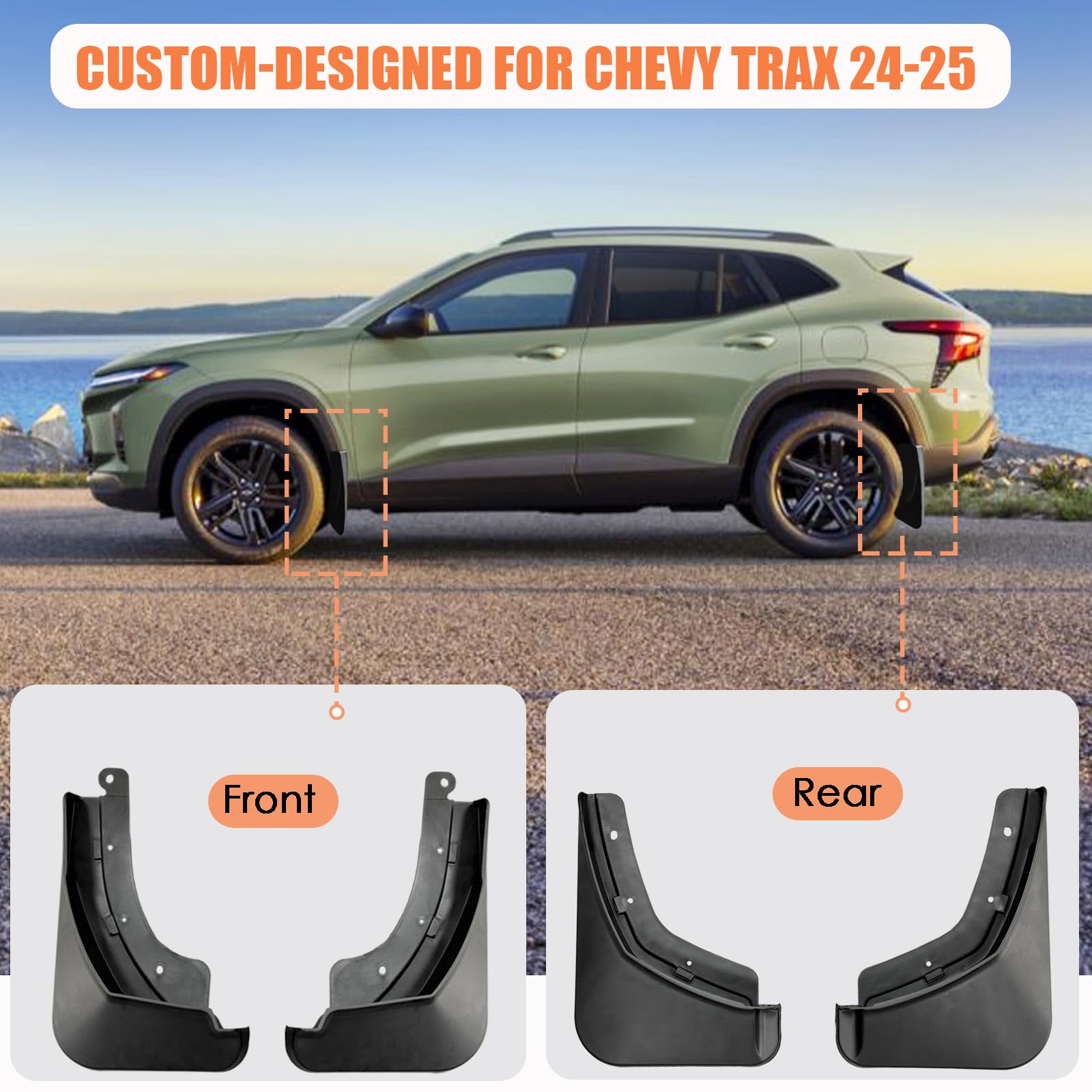 4-Piece No-Drill Mud Flap Set For 2024 & 2025 Chevrolet Trax - Front & Rear Splash Guards