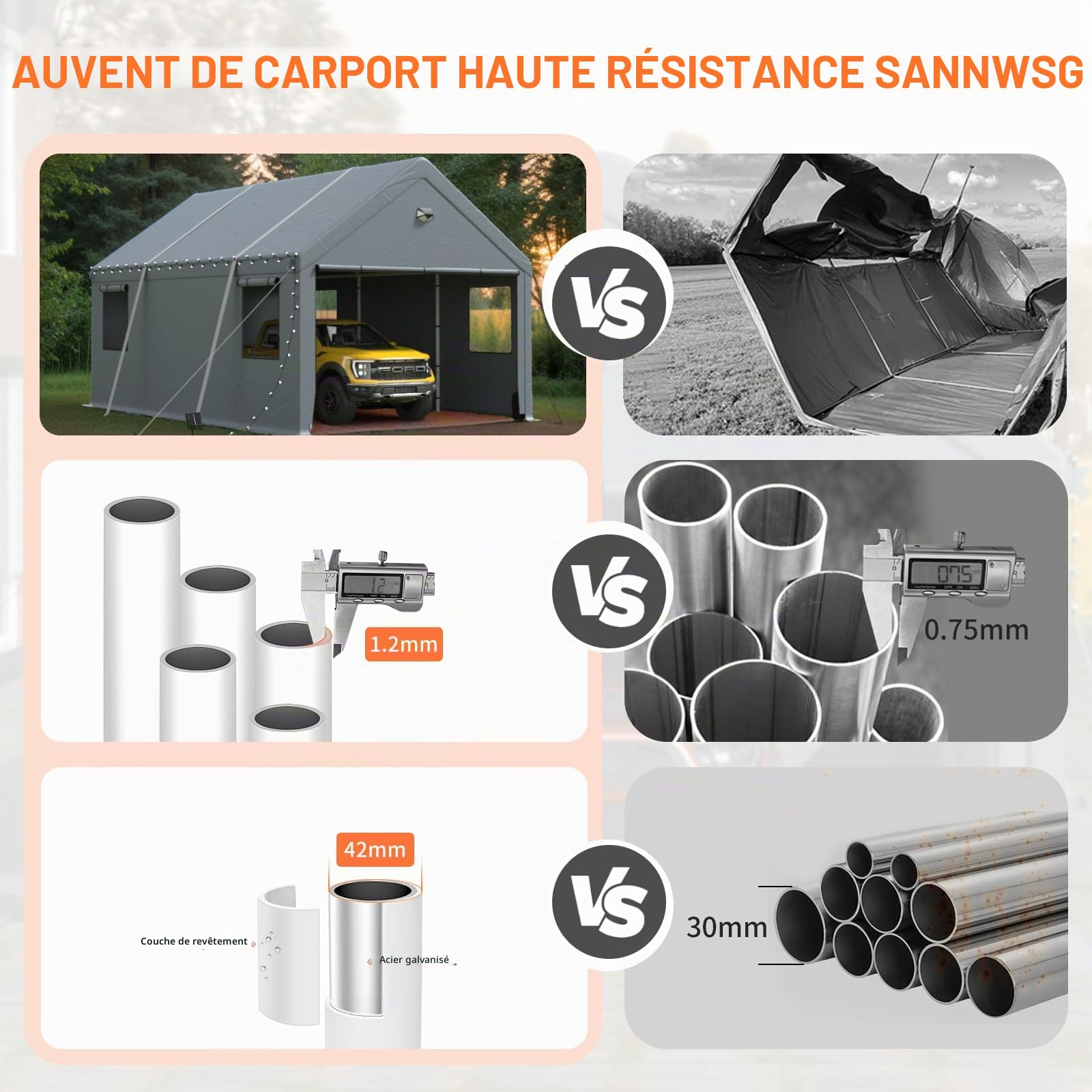 Carport Tente de garage extra large résistante à l'hiver 3,6 x 6 m avec fenêtre enroulable pour voiture, SUV, bateaux et camions – Parois latérales et toit amovibles