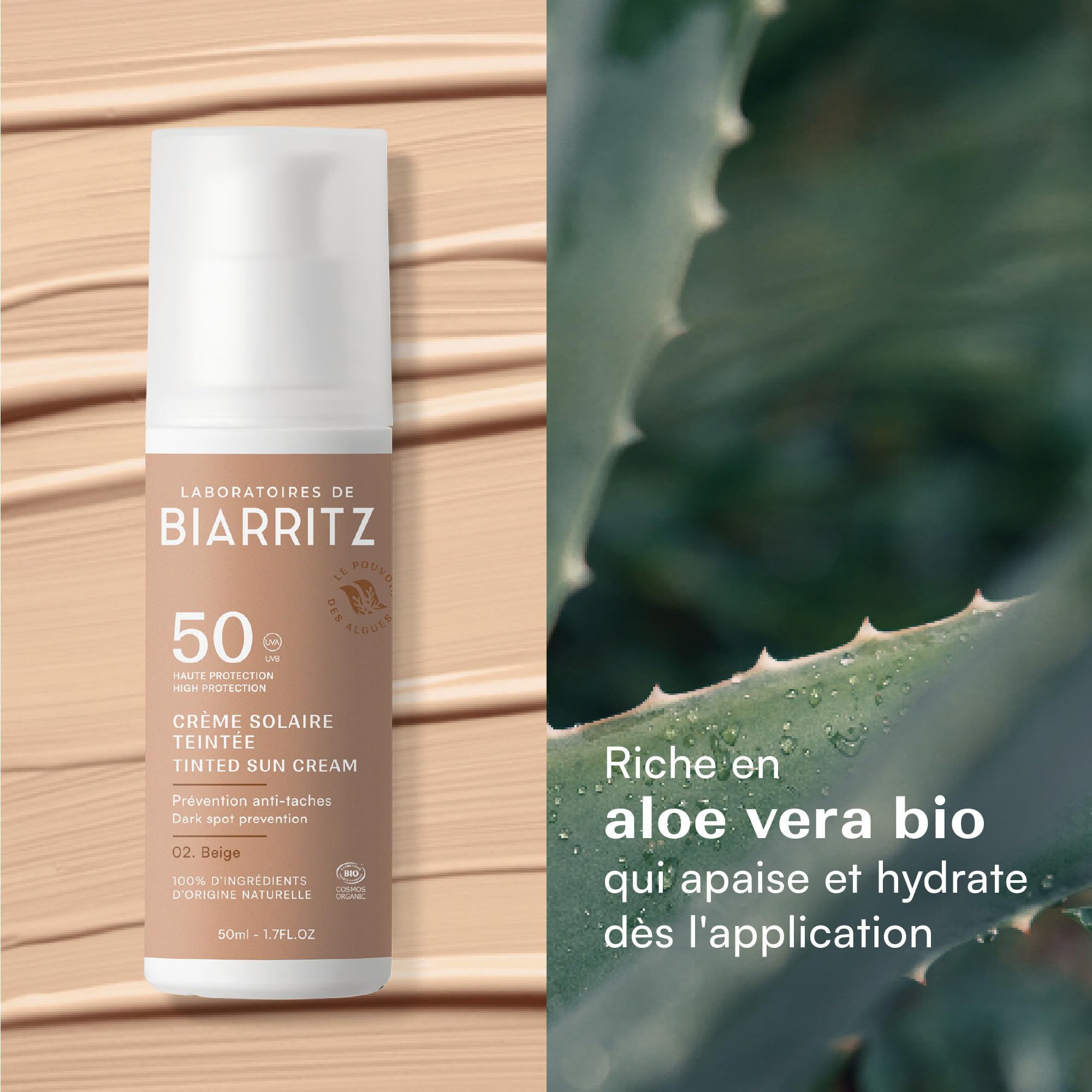 Laboratoires de Biarritz - Crème Solaire Visage Teintée Beige - SPF50 - Certifiée Bio - Unifie le Teint et Prévient l'Apparition de Taches - 50 ml - Fabriquée en France