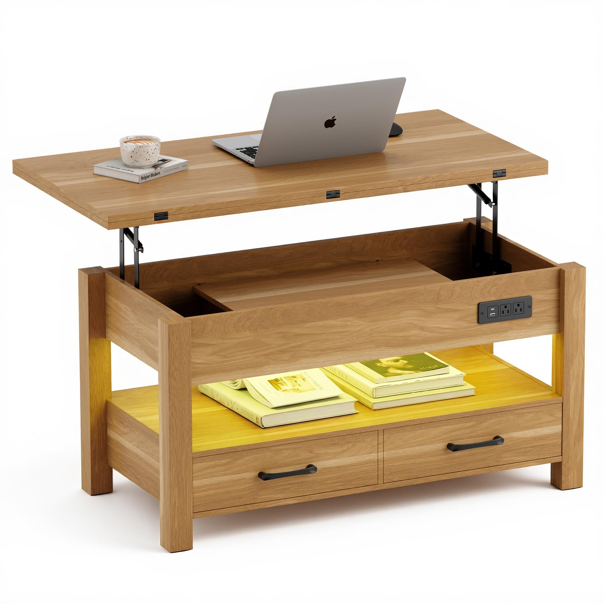 MALOL Table Basse Relevable Intelligente pour Salon, 4 en 1 Multifonction Moderne avec Tiroirs De Rangement, Table Basse en Bois Style Ferme, Naturel