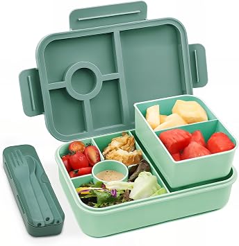 Bugucat Lunch Box 1300ML,Leak-Proof Bento Lunch Box with 4 Compartments,Bento Box Adult with Cutlery, Snack Boxes Bento Boxes with Compartments for School Kindergarten Office,Dgreen