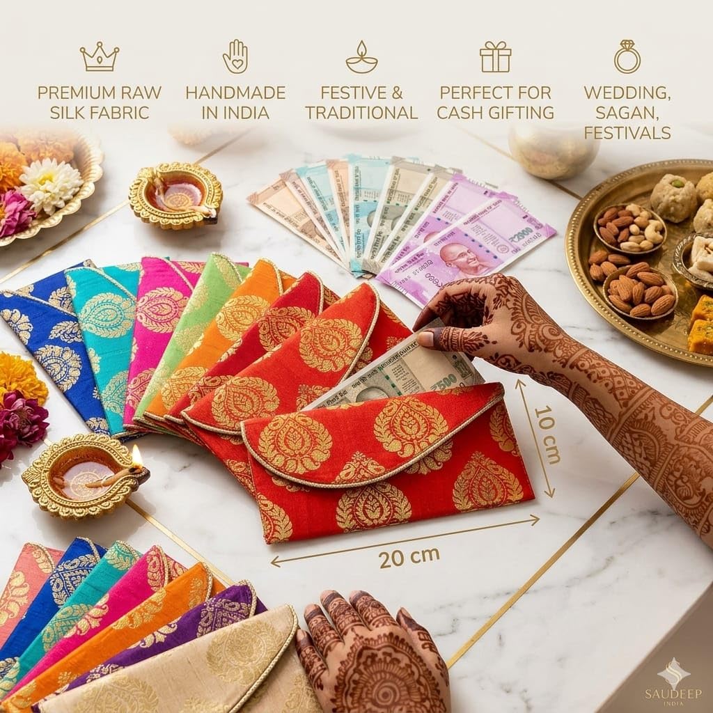Saudeep India Koperty upominkowe z nadrukiem na pieniądze z surowego jedwabiu premium na ślub, ślub, urodziny, wiele kolorów, 50 szt