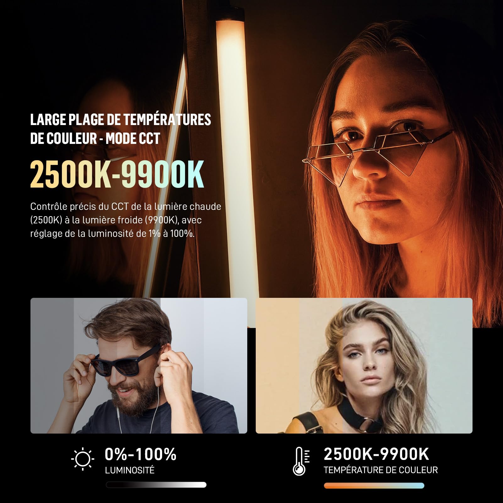 Lampe Vidéo LED RGB Tube Lumineux pour Photo avec Contrôle APP, 360° Couleurs Complètes, 2500K-9900K, Luminosité Réglable, 24 Effets, 2600mAh Batterie pour TikTok, Vlog, Youtube, Photographie