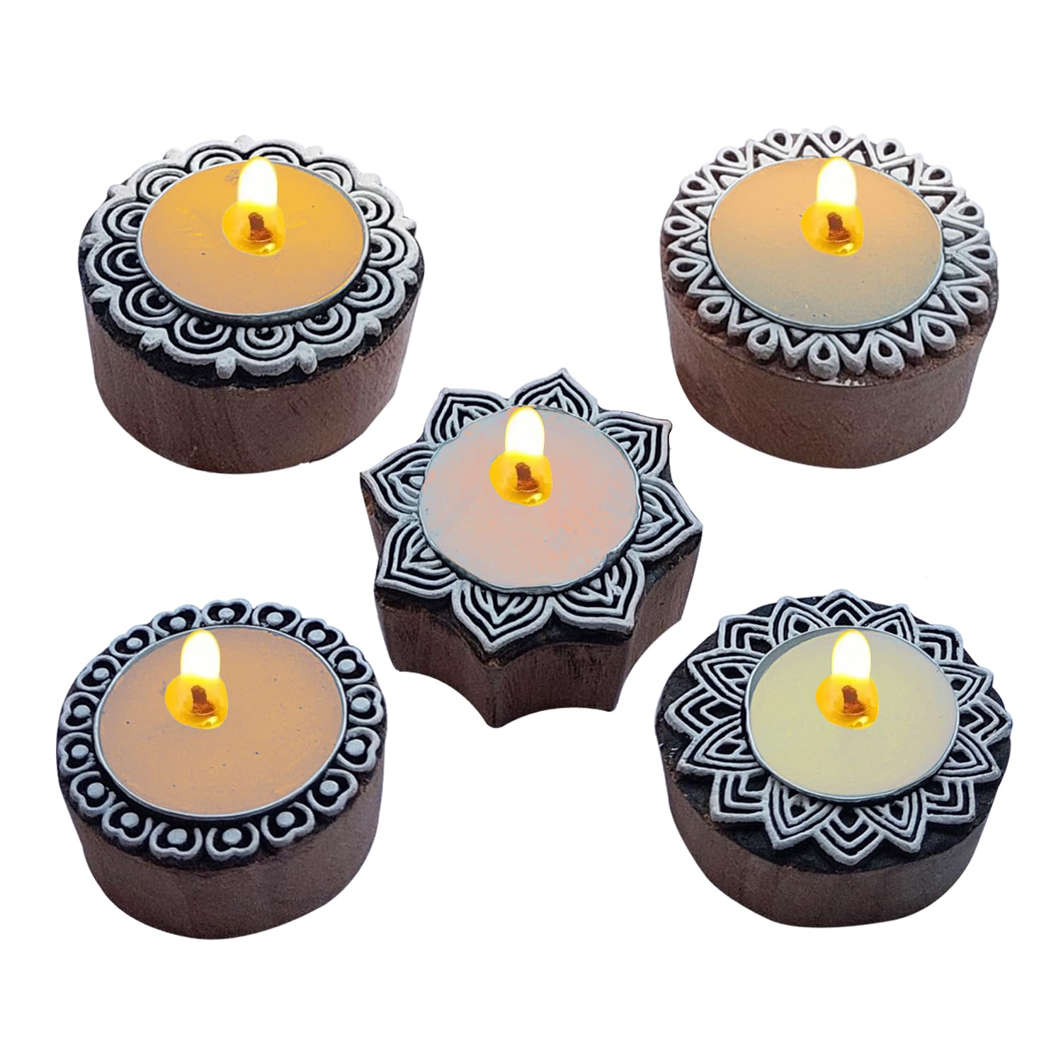 Royal Kraft Home Decor Carved Wooden Tea Light Candle Holders with Included Tealites (Set of 5)
