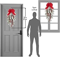 Vista 4 de Guirnalda Navideña en Forma de Lágrima Preiluminada de 28 pulgadas, Decorada con Ramas de Pino Artificial Nevadas, Bayas Rojas, Lazo con Alambre