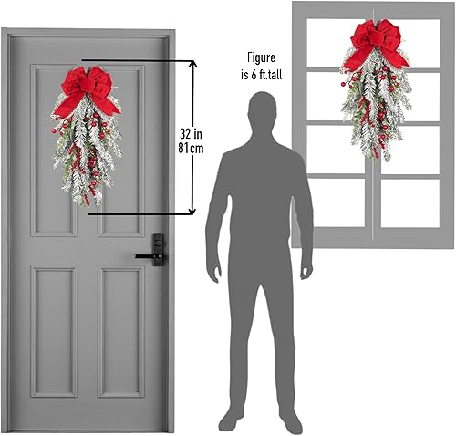 Miniatura 4 de Guirnalda Navideña en Forma de Lágrima Preiluminada de 28 pulgadas, Decorada con Ramas de Pino Artificial Nevadas, Bayas Rojas, Lazo con Alambre,