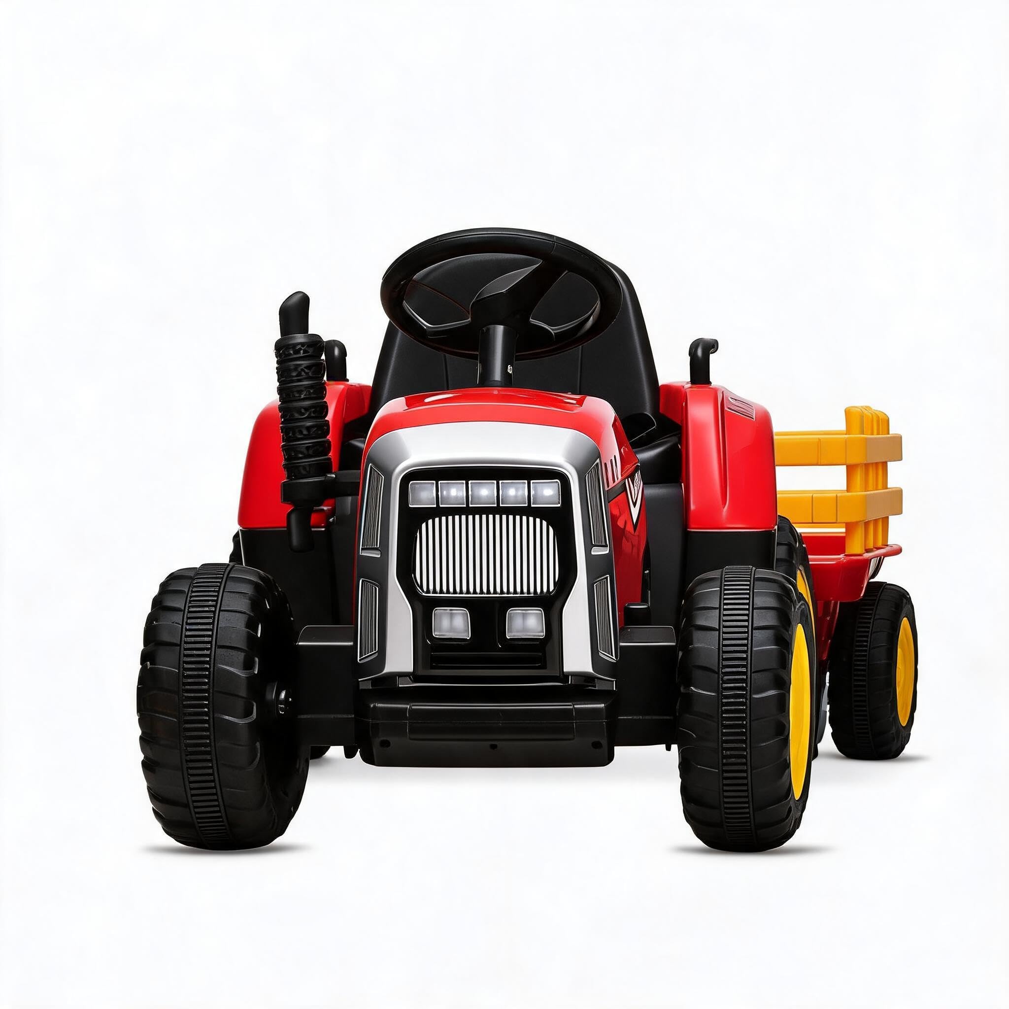 12V Kinder Elektrotraktor mit Anhänger, LED-Scheinwerfer, 2,4G-Fernbedienung, Musik, MP3, USB – Elektroauto ab 3 Jahren – Abnehmbarer Anhänger – Rot