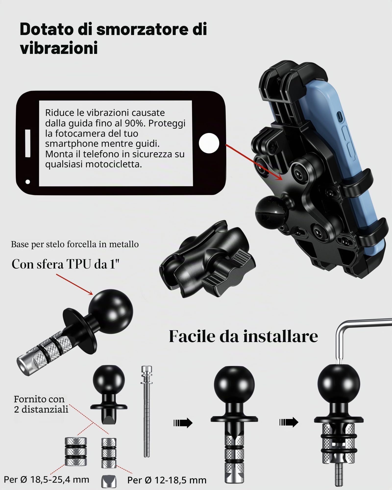 BRCOVAN Supporto per cellulare per manubrio della forcella della moto, con antivibrazioni, regolabile, resistente, adatto per tubi da 12 mm a 25,4 mm di diametro, compatibile con smartphone da 5,4 a