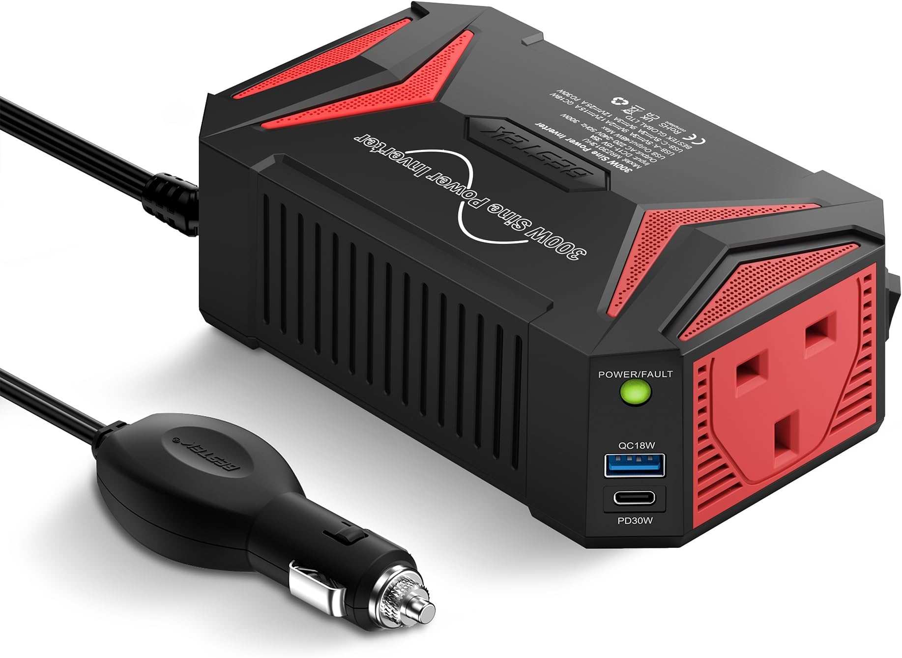 300W Pure Sine Wave Power Inverter 12V to 240V with PD30W USB C & QC3.0 USB Car Adapter Charger for Laptop, iPad, iPhone, Tablet, Consoles & More
