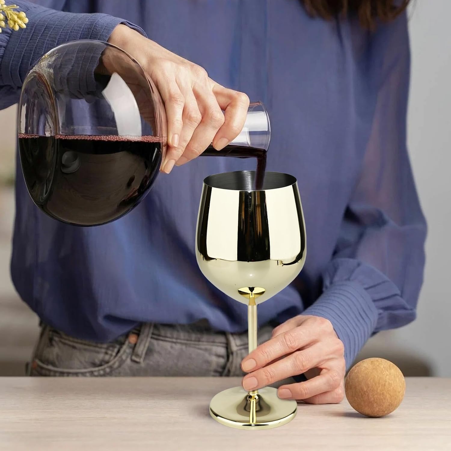 TJ Wine Glasses Stainless Steel Set of 4, Unbreakable Wine Glass 17oz, Wine Accessories Cool Wine Glass, Wine Goblets for Outdoor, Travel, House Warming, Valentines, Anniversary, Gold