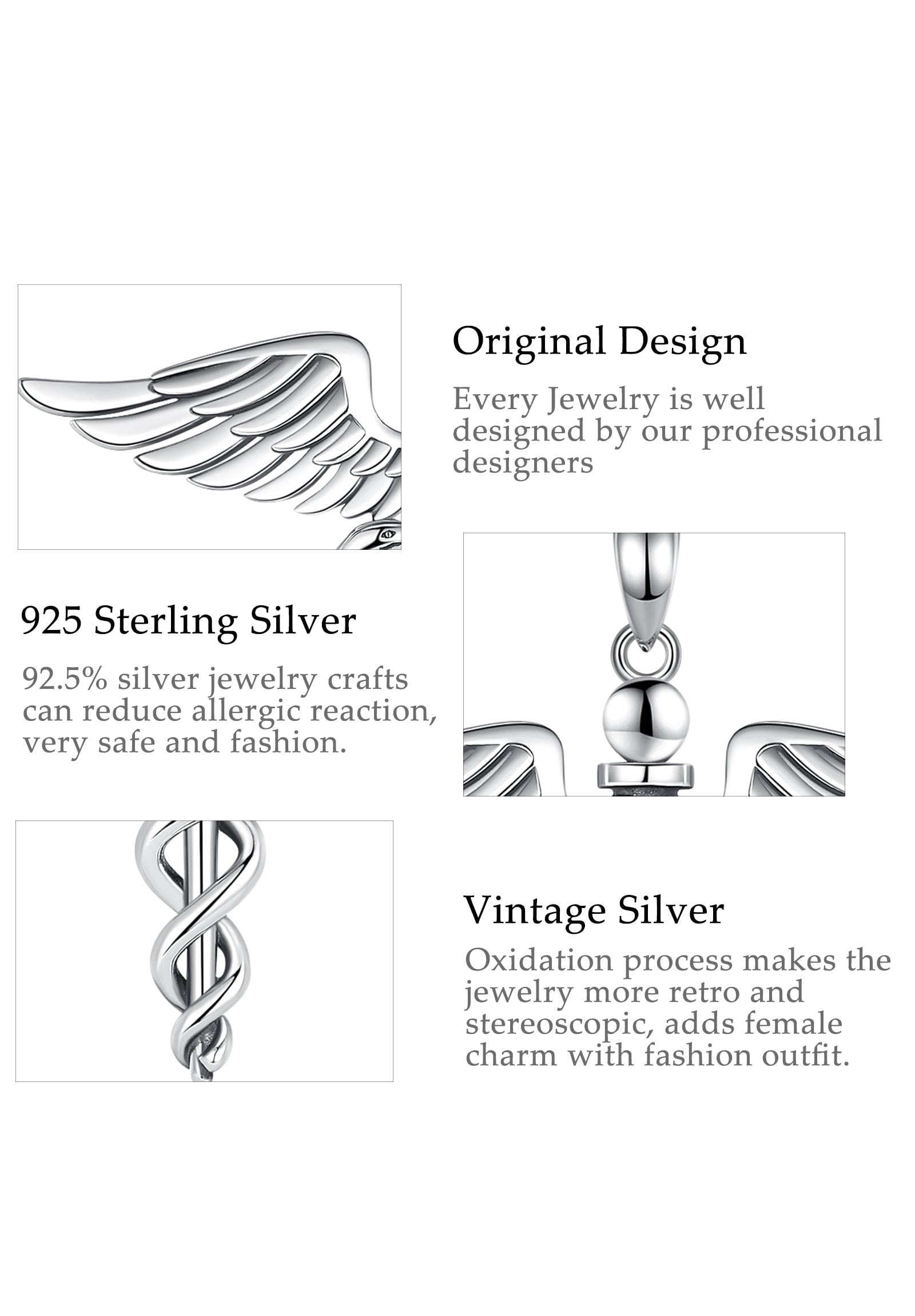 AEONSLOVE Collana Caduceo Hermès in Argento 925 Ciondolo Serpente con Ali d'Angelo Gioielli Simbolo di Medico Regali per Infermieri Dottore Donna Uomo