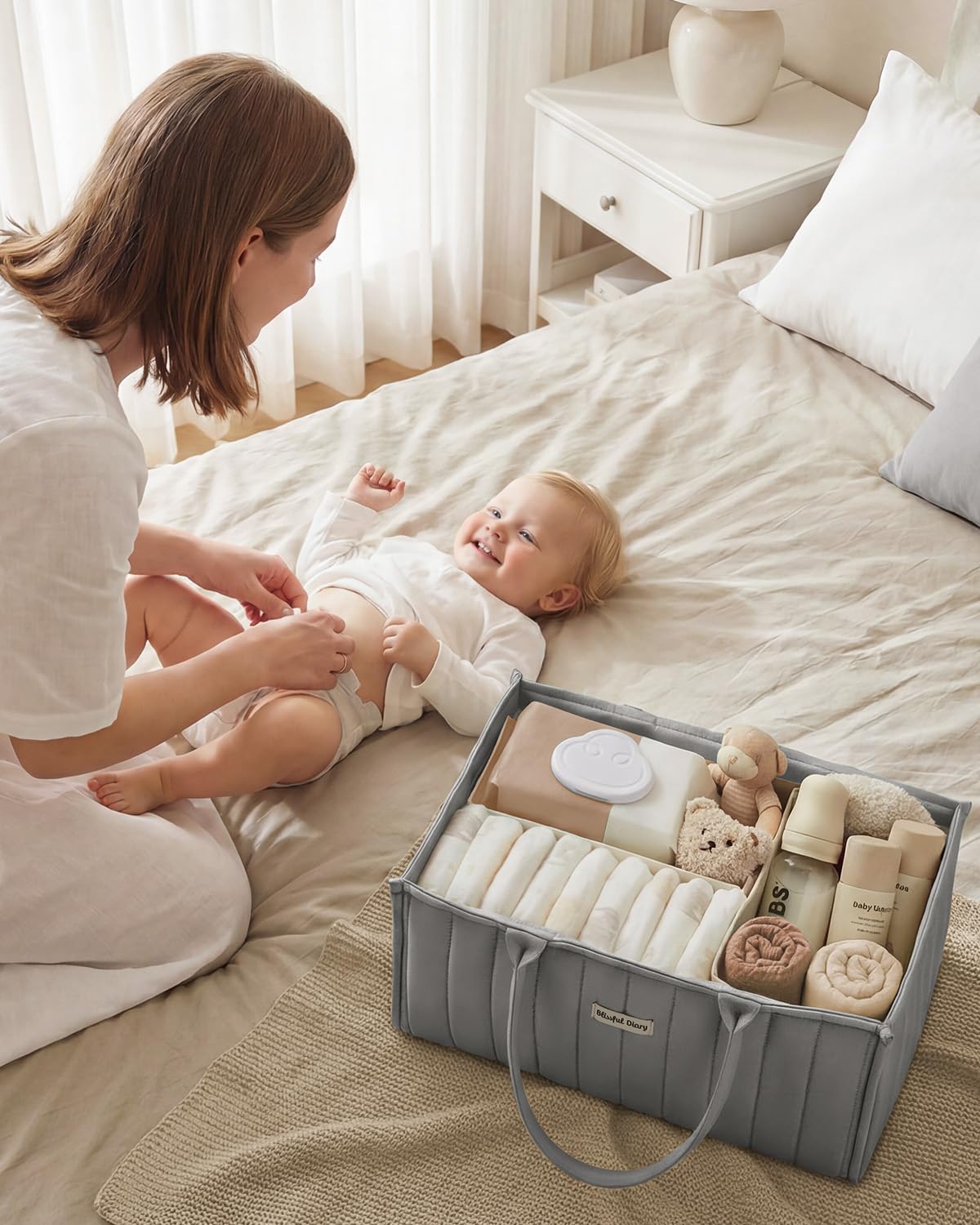 Blissful Diary Cestino per pannolini, per baby shower, per neonati o ragazze, organizer per pannolini, registro dei regali per neonati e neonati indispensabili, grigio chiaro