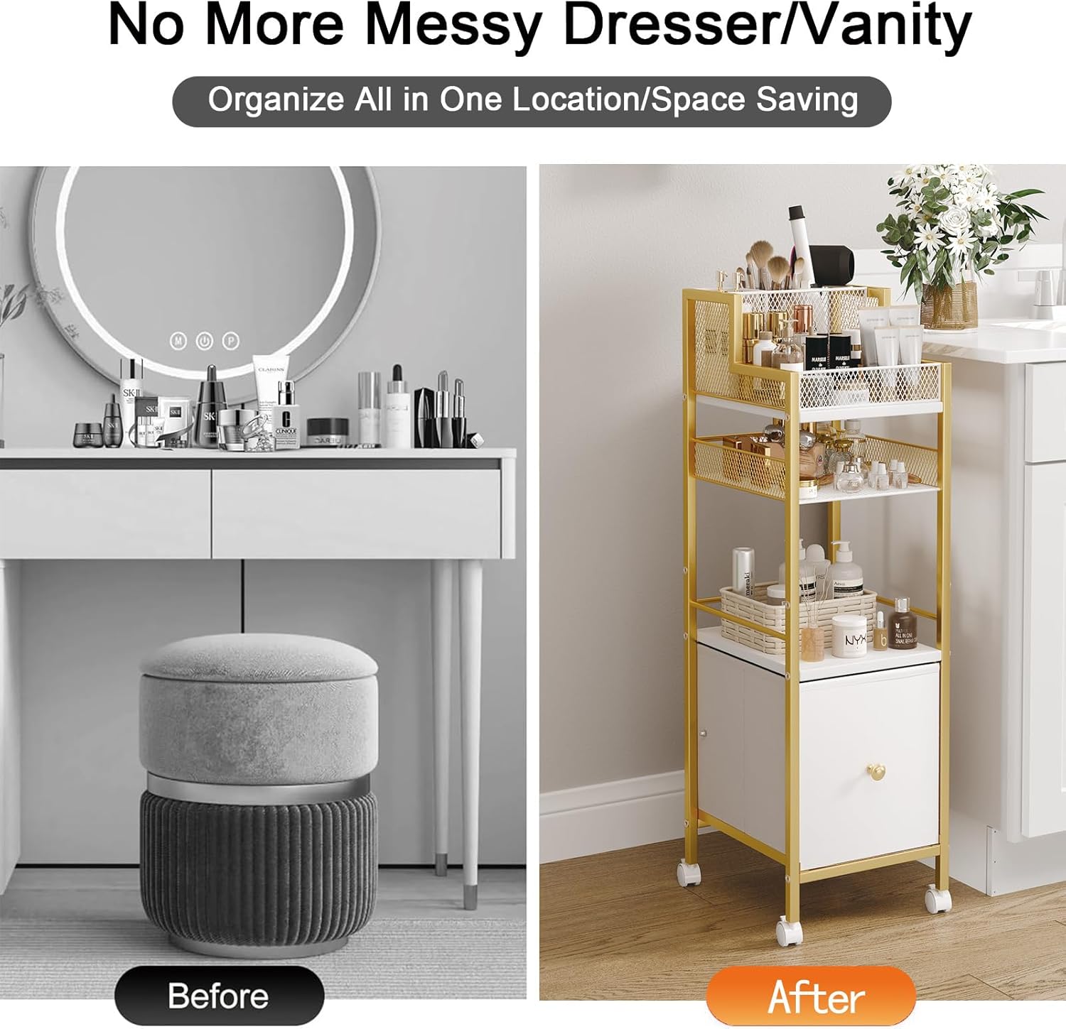 Makeup Organizer Storage Cart with Drawers, Large Floor Makeup Skincare Organizers, Rolling Makeup Cart Vanity Organizer Cosmetics Display Cases Holder for Nail Polish Brush Hair Tool（Gold）