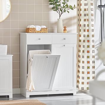 Haotian Laundry Hamper Cabinet, 2 Baskets, 35.4 x 14.5 x 29.5 in, White | Hidden Tilt Out Laundry Storage Cabinet With Double Baskets & Drawers, Laundry Cabinet For Classified Storage, BZR33-W