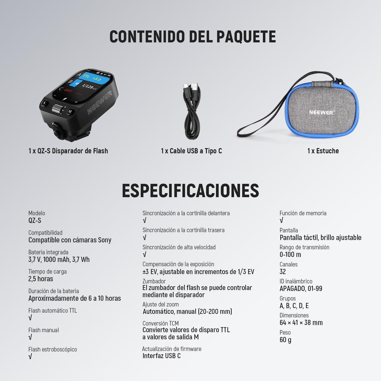 NEEWER QZ-S 2.4G TTL Transmisor de Disparador de Flash inalámbrico, 1/8000s HSS, Compatible con cámaras Sony ZV-E10 A6400 A6700 A6100 A6000 A7III A7IV A7CII A7RV, batería de 1000 mAh/Interruptor CM