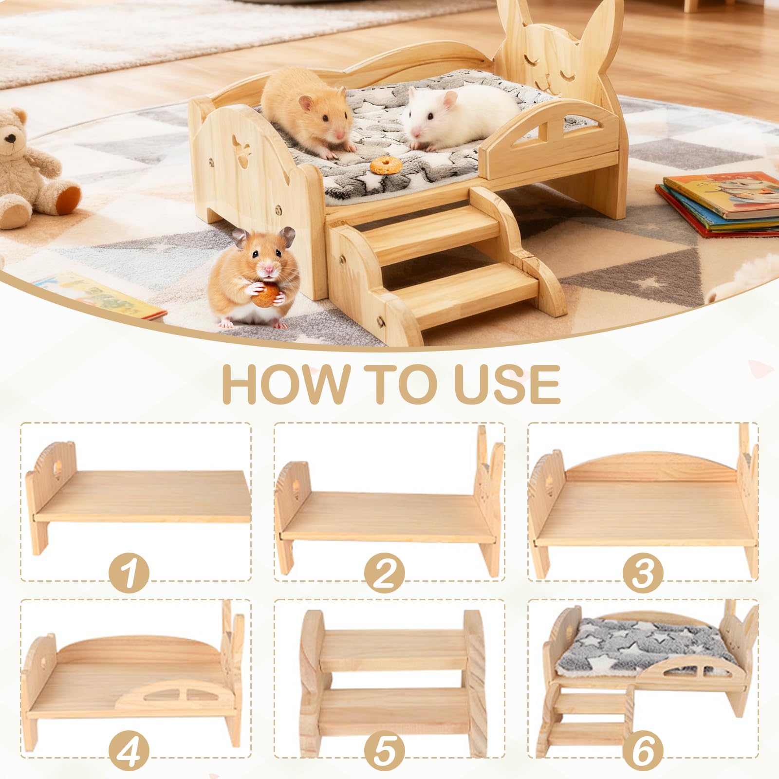 Letto per Porcellini D'India, 34 x 22 x 7 cm Letto in Legno per Piccoli Animali con Materasso Rimovibile e Scale Larghe 15,5 cm per Porcellini D'India Criceti Coniglio Furetti Ricci