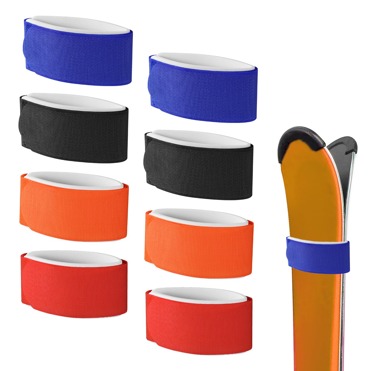 8pcs Attache Ski, Sangles de Ski Réglables Bande Ski Fixation de Ski avec Coussinet de Protection pour Accessoires de Sports d'hiver(Rouge, Orange, Bleu, Noir)