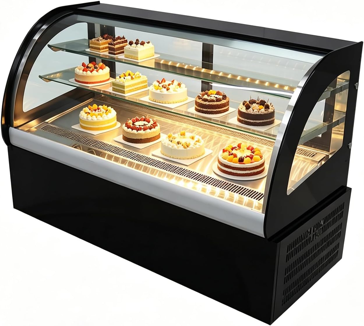 220V Commercial Cake Display Case 135L Curved Glass Cake Fridge Showcase with LED Light and Defogger for Bakery Cafe