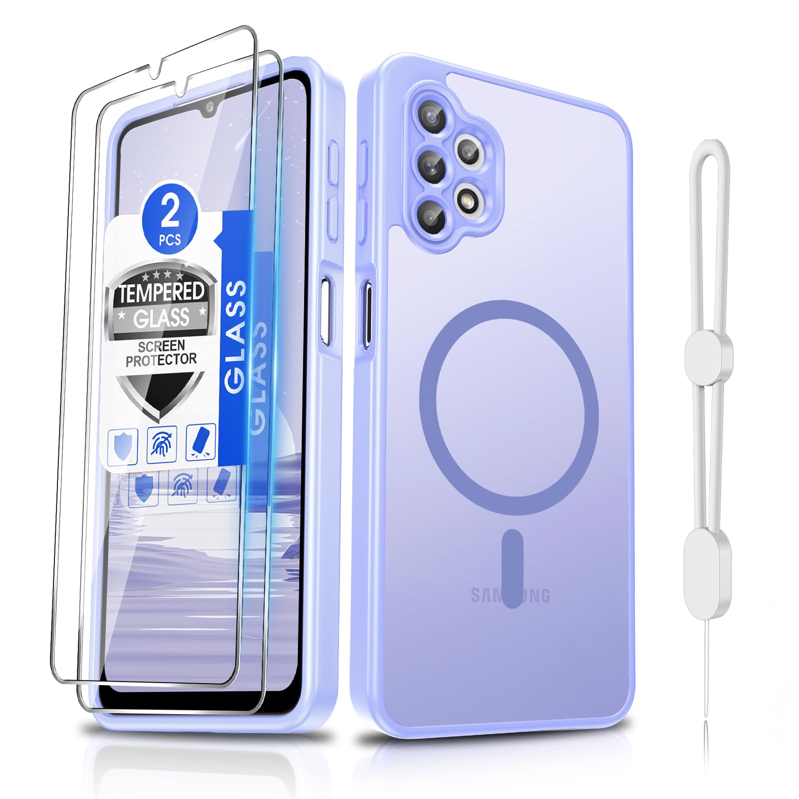 Dizn for Samsung Galaxy A32 Case:[Not Fit 4G] with 2 PCS Tempered Glass Screen Protector,Compatible with MagSafe,with Strap,Matte Translucent Soft Slim Cover,Military Grade Protection A32,Light Purple