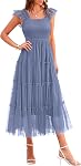 PRETTYGARDEN Robe d'été Midi Tulle pour femmes Sans manches Smocked Square Neck Ruffle Flowy Party Wedding Guest Sundress