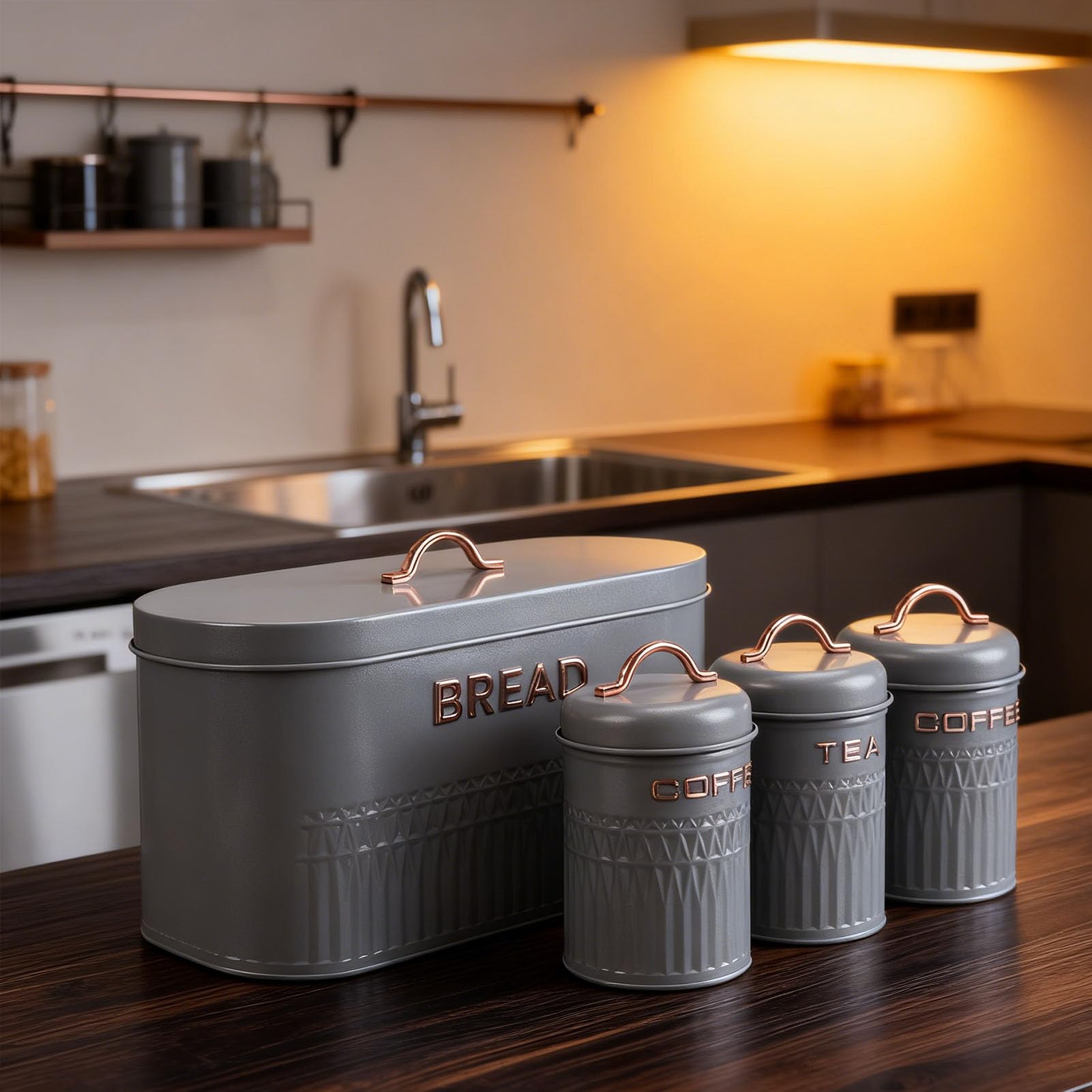 Juego de Caja de Pan y Recipiente, 3 Recipientes Etiquetados con Caja de Pan Grande para Almacenamiento de café, té, Azúcar, Hecho de Hierro Resistente para Organización de (GRAY)