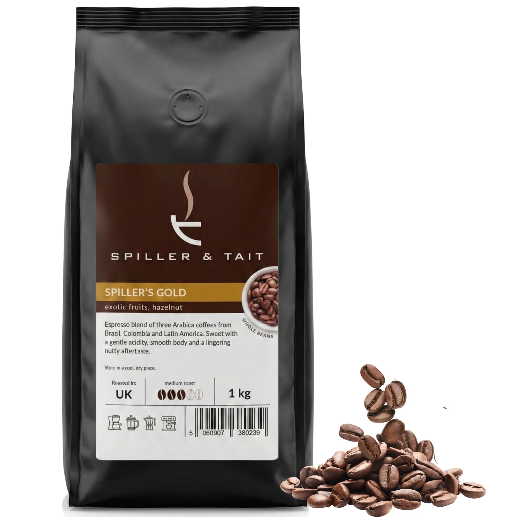 Spiller & Tait Spiller's Gold, Gourmet Coffee Bean Blend 1kg Bag, Arabica Beans Espresso Blend Medium/Dark Roast - Suitable for All Coffee Machines