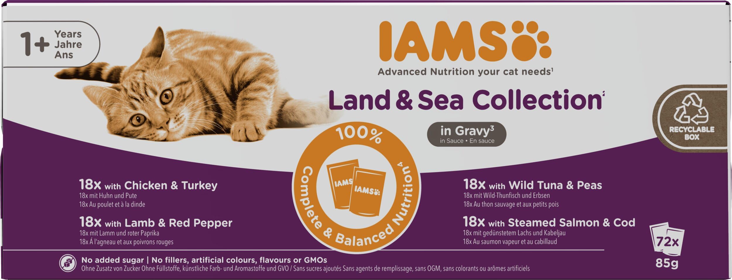 IAMS Delights Land & Sea Collection Katzenfutter Nass, 72 x 85 g | Multipack | mit Fleisch und Fisch Sorten in Sauce | Nassfutter für Katzen | ab 1 Jahr