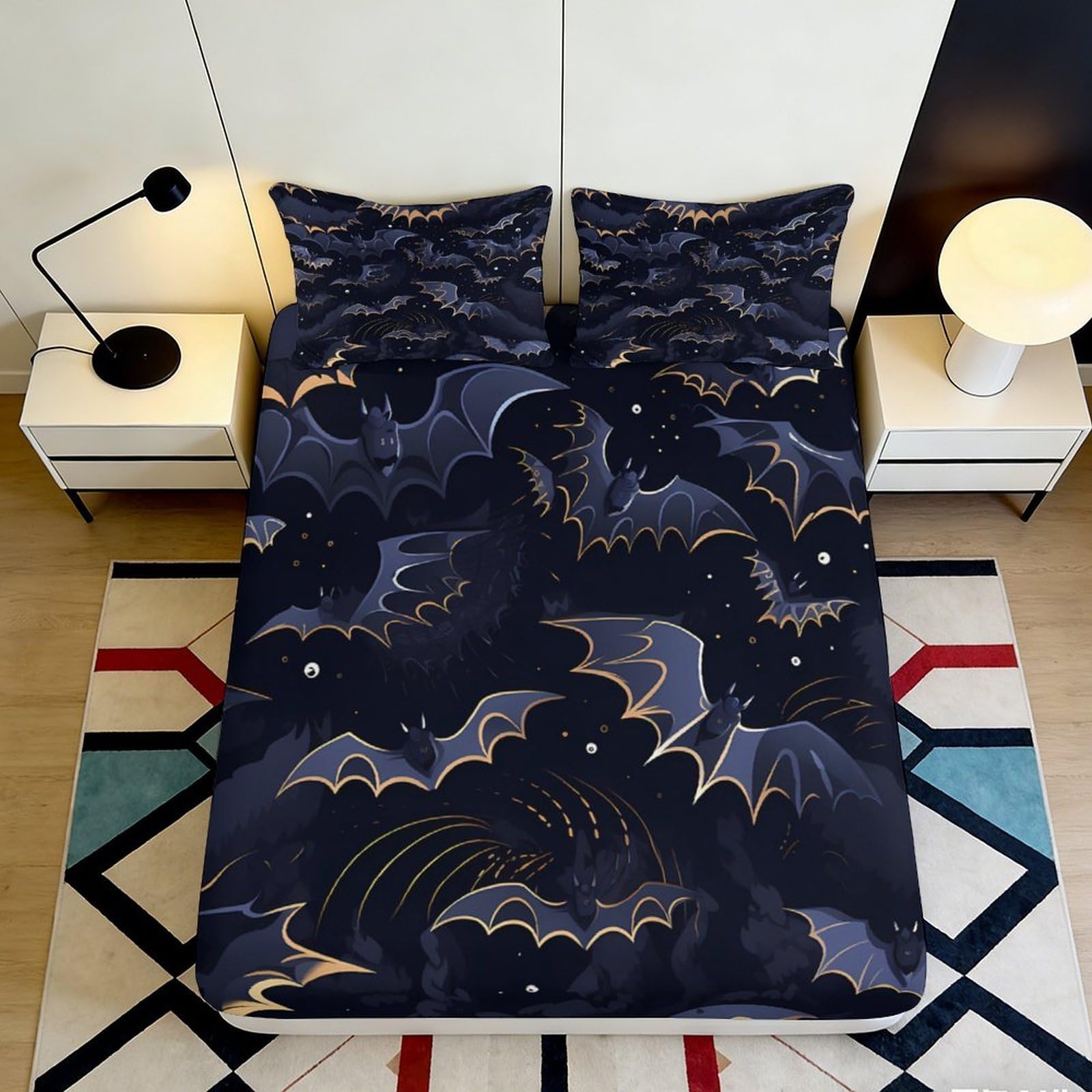 3D Printed Bat Pattern Fitted Sheet Microfiber Soft Breathable Flying Bats Bed Cover for Bedroom Dormitory Guest Room Mattress Protection Decor 180x200x25cm