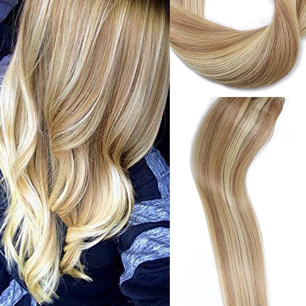 PoleStar Hair(41cm , 12/613) - Jinyun Clip in Extensions Human 41cm Golden Brown with Bleached Blonde 7pcs 70g Set Silky Straight 100% Real Remy Highlights Balayage Ombre Clip on Human Extensions...