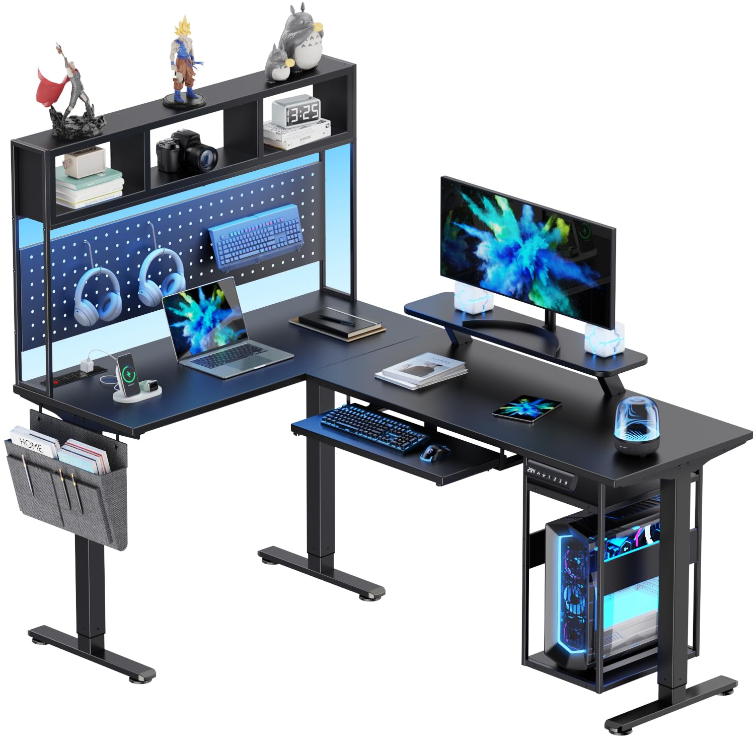 Electric L Shaped Standing Desk Adjustable Height, 67" x 47" Corner Computer Desk with Host Shelf, FLYCITY Gaming Desk with LED Lights, Dual Motor Home Office Desk with Storage, Black