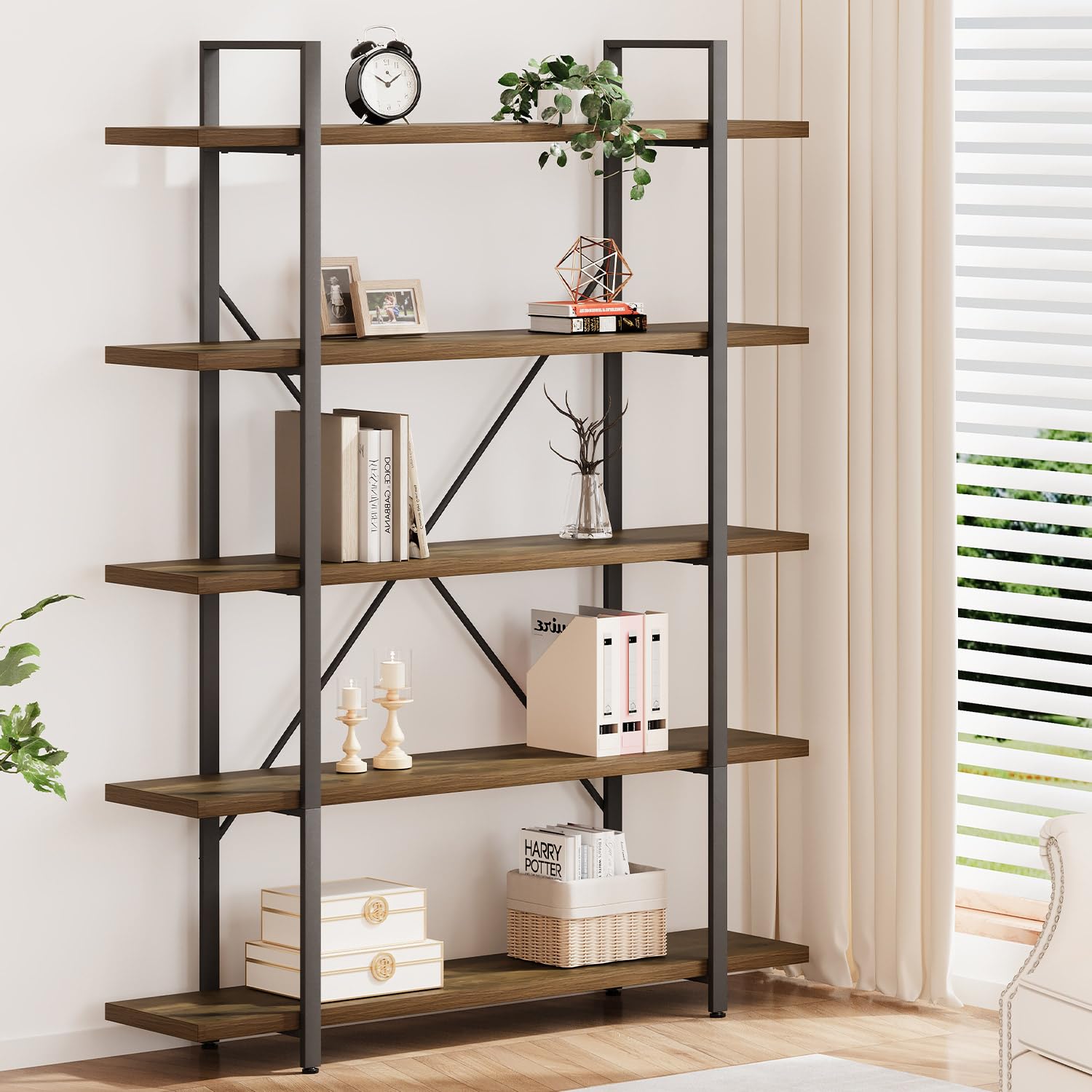 HSH Industrial Wood and Metal 5 Tier Bookshelf, Large Tall Open Rustic Wide Etagere Bookcase, Vintage Farmhouse Modern Wooden Big Book Shelf for Home