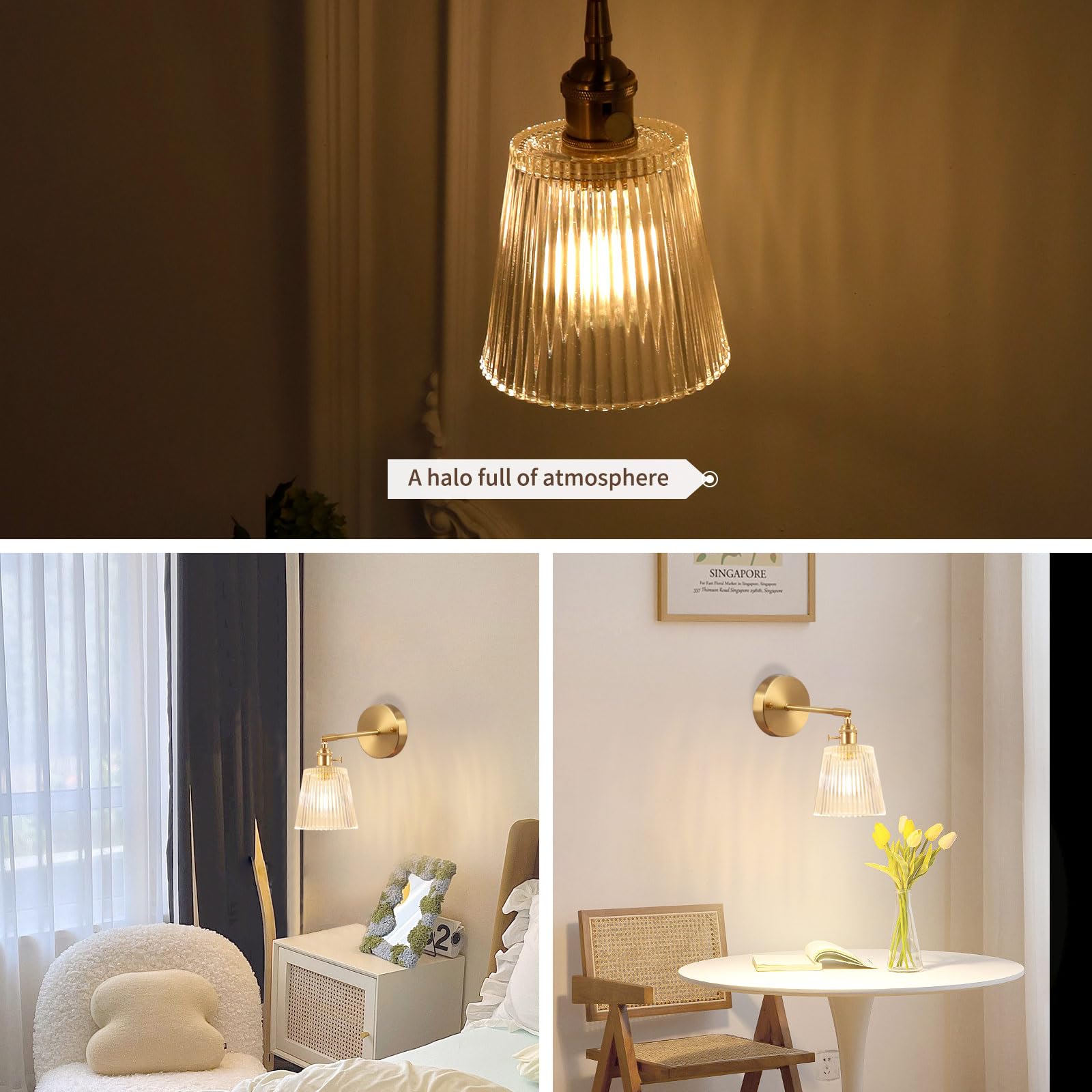 Shenmoyl Vintage Modern 1 Light Wall Sconces with Transparent Stripe Glass Lampshade 180 Degree Adjustable Brass Sconces Wall Lighting Fixture with Switch for Bedside Bedroom Doorway