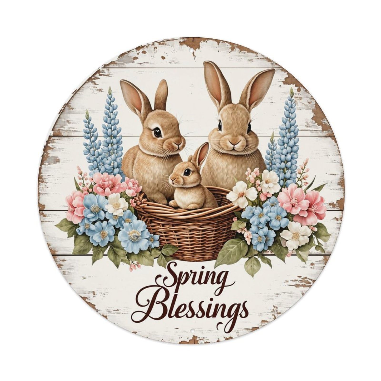 Spring Blessings Bunny Basket Flowers Tin Sign Metal Poster Vintage Metal Signs for Home Man Cave Bar Cafe Kitchen laundry room Wall Decorations Gift 8x8Inch