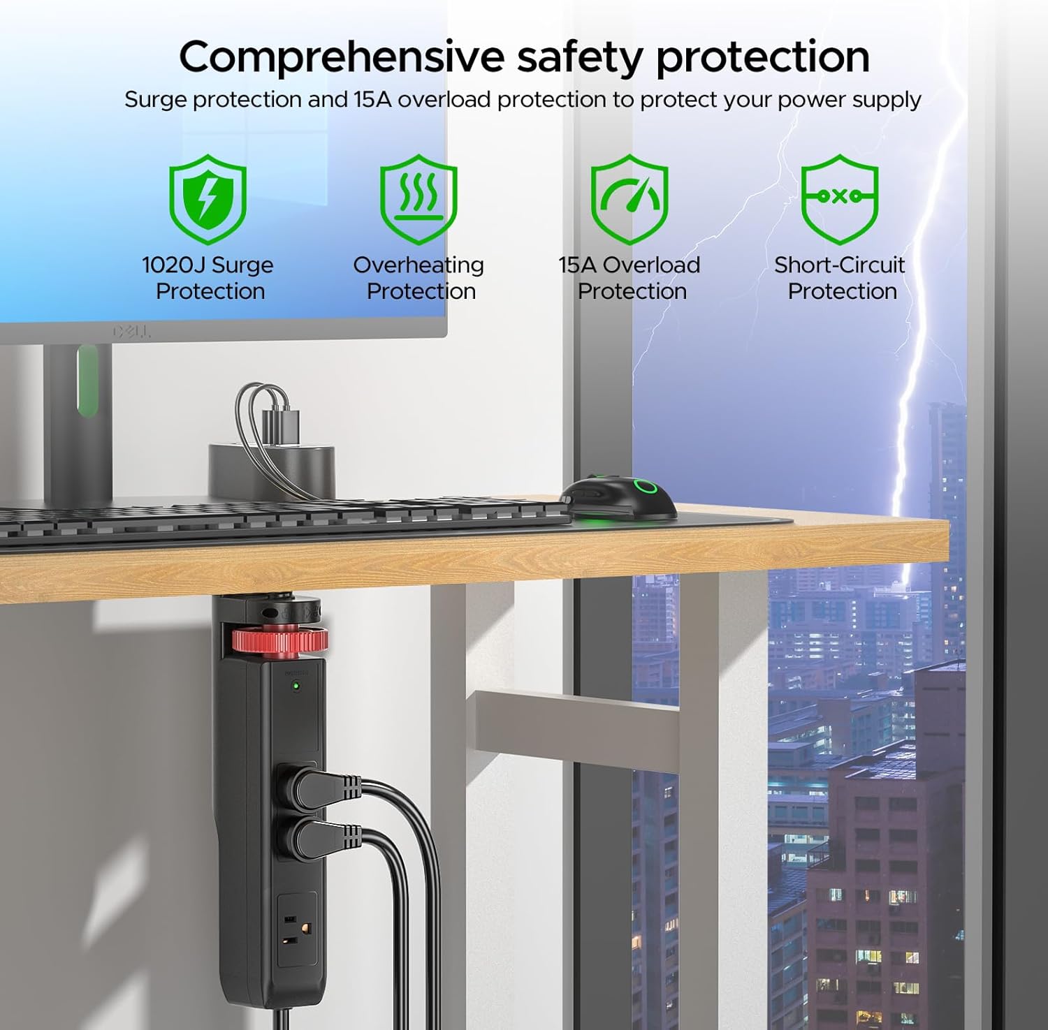 Desk Clamp Power Strip with 20W USB PD Fast Charging, 1020J Surge Protector Under Desk Power Strip, 6 Outlets & 3 USB Ports, No-Drill Mount Hub with 45° Flat Plug, 6FT Cord, ETL Listed
