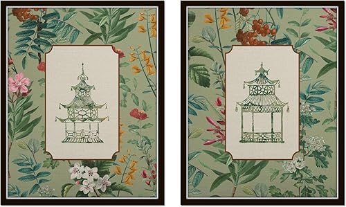 Juego de impresión de pagoda Chinoiserie, impresiones botánicas, impresiones artísticas de pared, arte de pared vintage, decoración de pared
