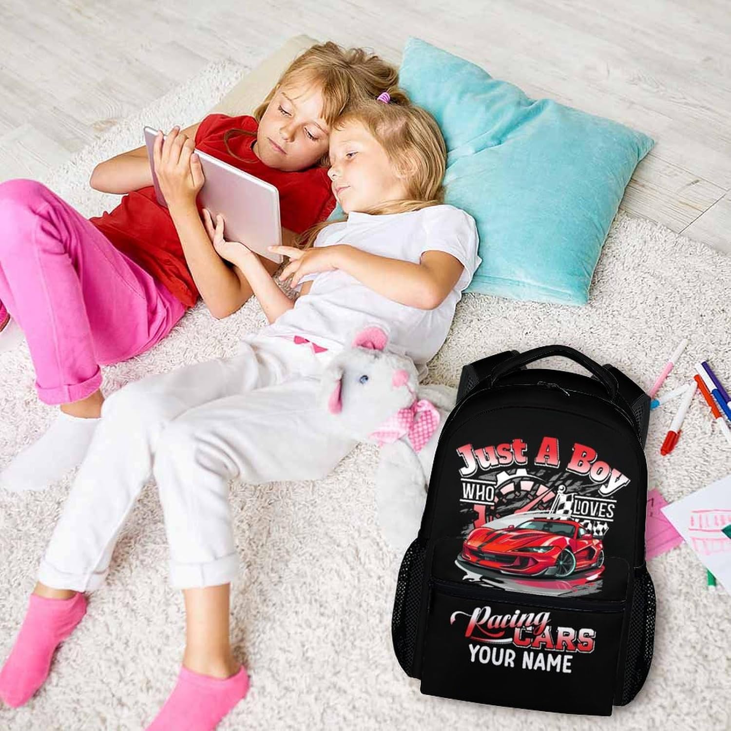 School Backpack for Boys, Personalized with Name Racing Car Backpacks for Students Kids 6-8, 17 Inches Cartoon Bookbag with Pockets for Kindergarten, Primary, Elementary, Back to School Supplies
