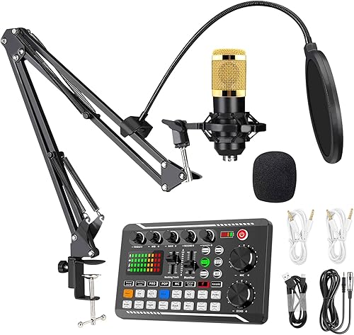 Paquete de equipo de podcast con interfaz de audio, cambiador de voz F998, micrófono condensador de karaoke, soporte de micrófono y filtro pop de