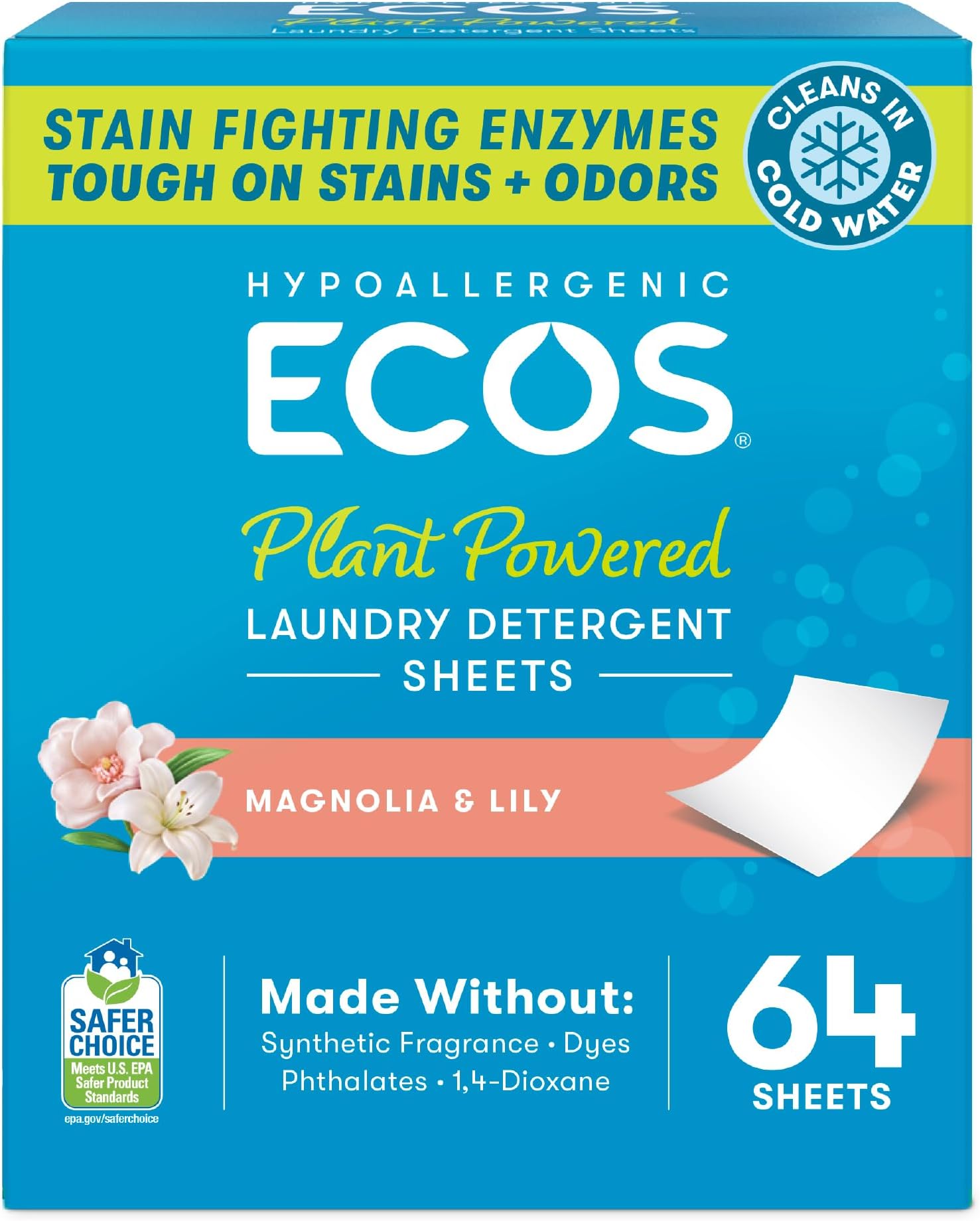 Laundry Detergent Sheets Vegan, No Plastic Jug, No Mess, Liquid Free - Hypoallergenic, Plant Powered Laundry Detergent Sheet - Magnolia & Lily - 64 Count (Pack of 1)