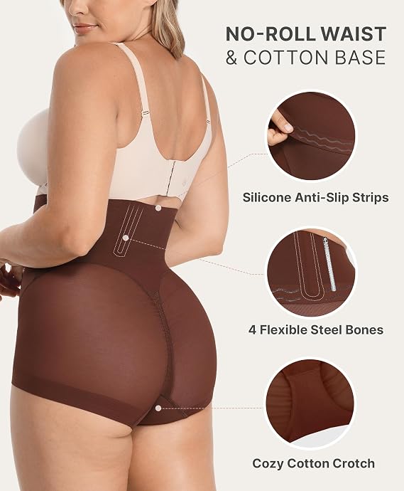SHAPELLX Tummy Control High Waist Slips Shapewear Panties Under Dress Brown