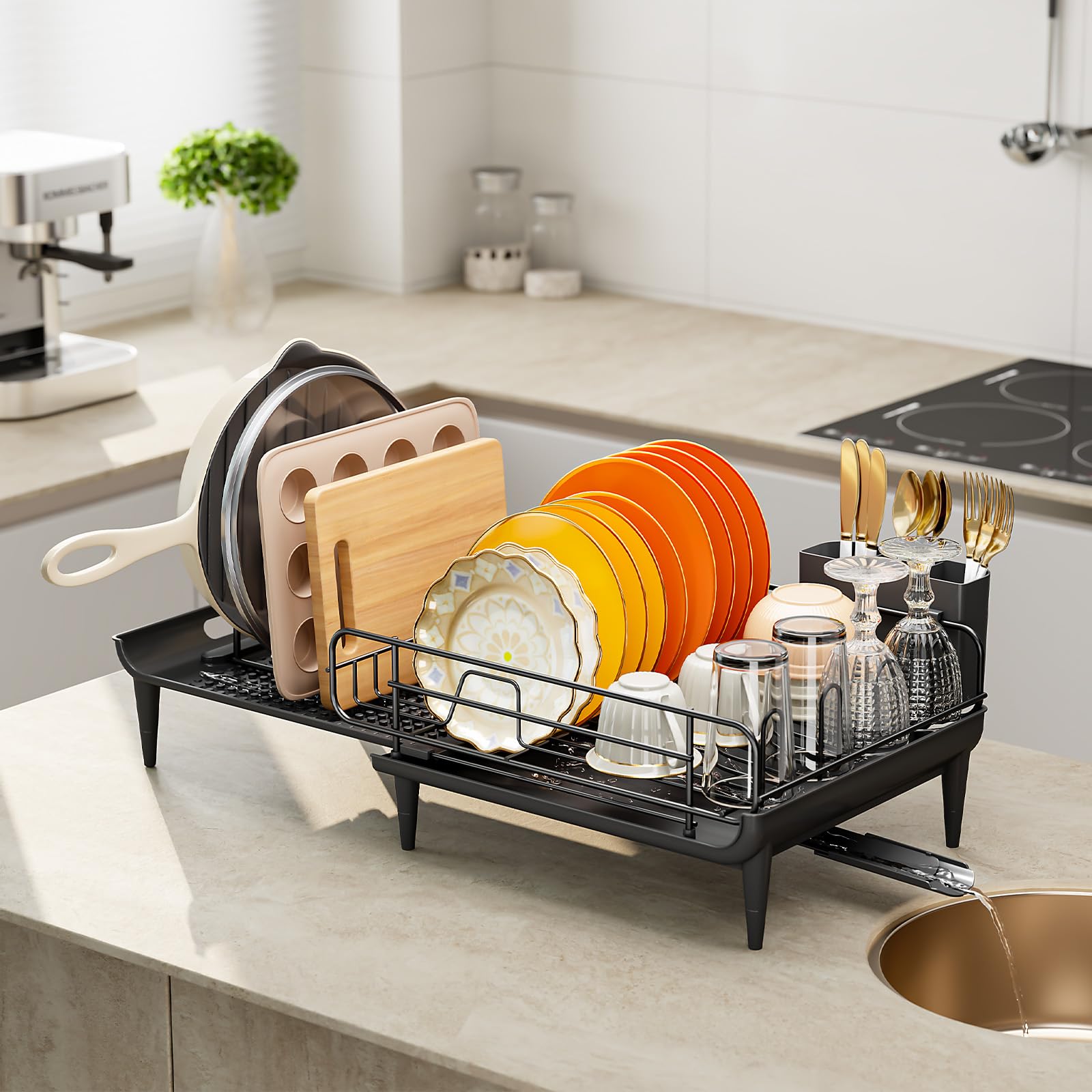 kingrack Égouttoir à Vaisselle Extensible - Égouttoir à Vaisselle Pliable pour compteurs de Cuisine - en Acier Inoxydable - avec Porte-Couverts - Noir