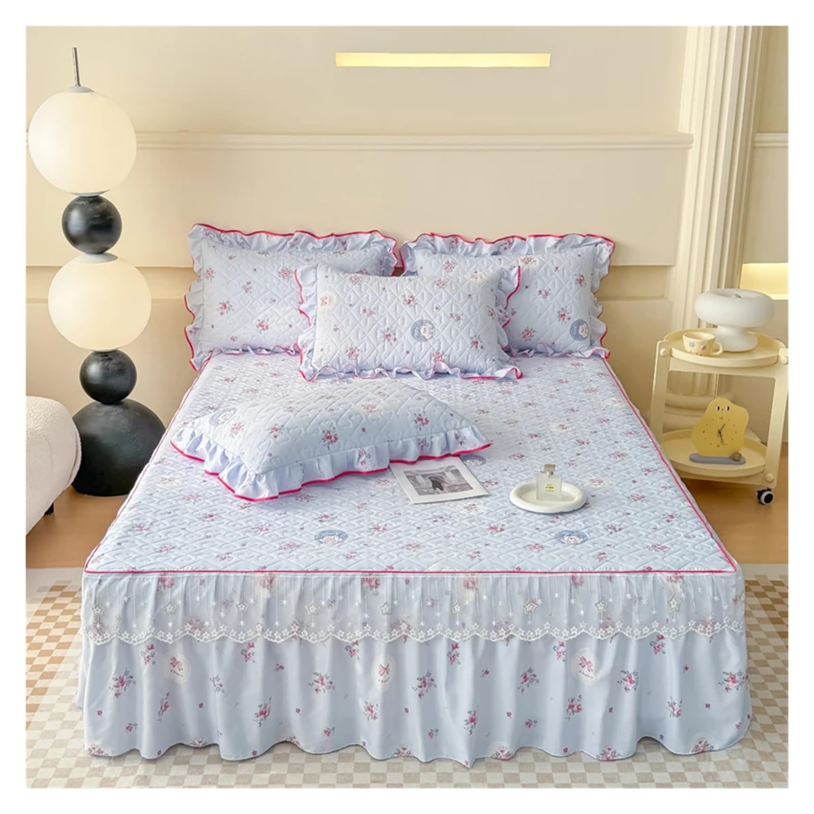 1pc Bed Skirt Thicken Ruffles Bedspread Floral Style Bed Cover Quilted Mattress Protector No Pillowcase(Color-03,180x200cm 1pc)