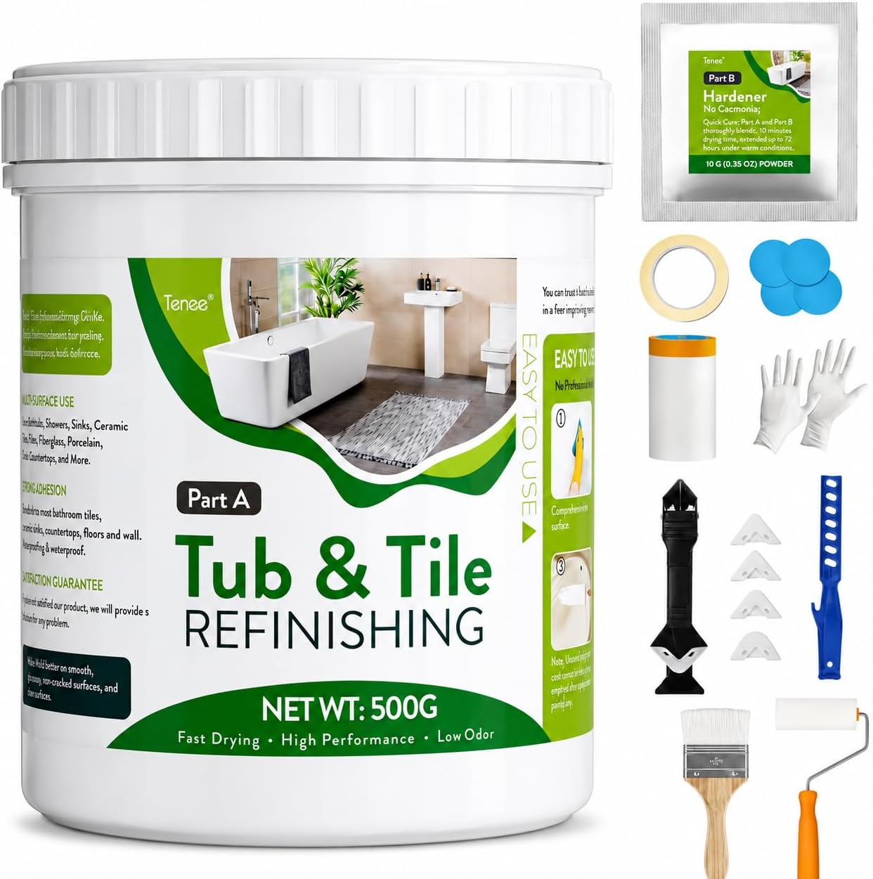 17oz White Tub and Tile Paint, Tub and Tile Refinishing Kit with 8 Tools, Semi-Gloss Bathtub Paint for Bathroom, 25-30sq.ft, Low Odor Bathtub Refinishing Kit for Fiberglass, Sink, Kitchen, Shower | Includes 8 tools for refinishing tubs, sinks and tiles. Low odor formula covers up to 30 sq ft.
