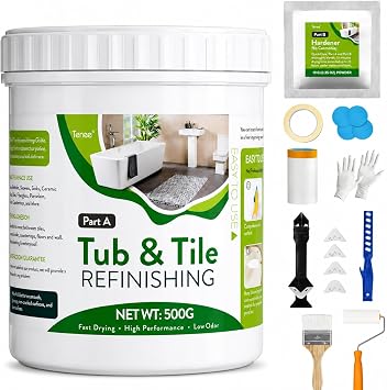 17oz White Tub and Tile Paint, Tub and Tile Refinishing Kit with 8 Tools, Semi-Gloss Bathtub Paint for Bathroom, 25-30sq.ft, Low Odor Bathtub Refinishing Kit for Fiberglass, Sink, Kitchen, Shower | Includes 8 tools for refinishing tubs, sinks and tiles. Low odor formula covers up to 30 sq ft.