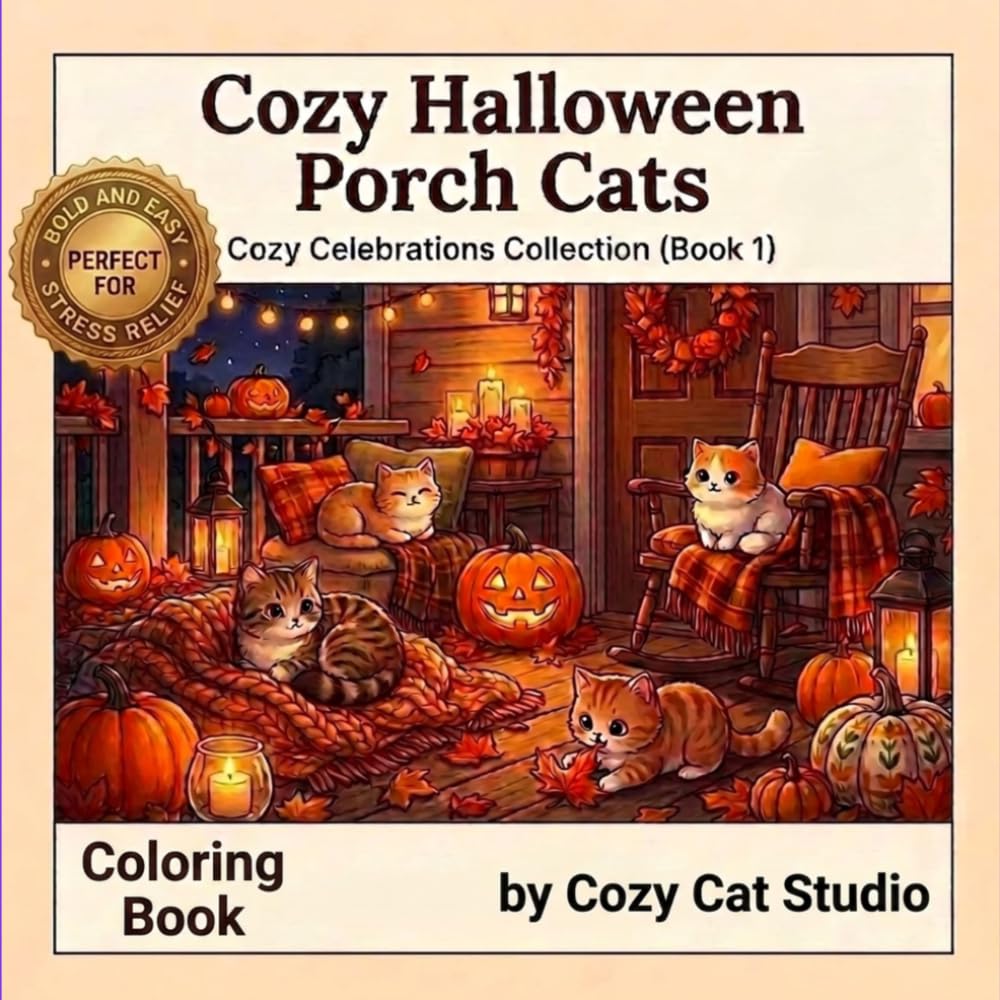 Cozy Halloween Porch Cats: A Bold and Easy Cozy Cat Coloring Book for Adults, Seniors & Beginners (Cozy Cats Universe)