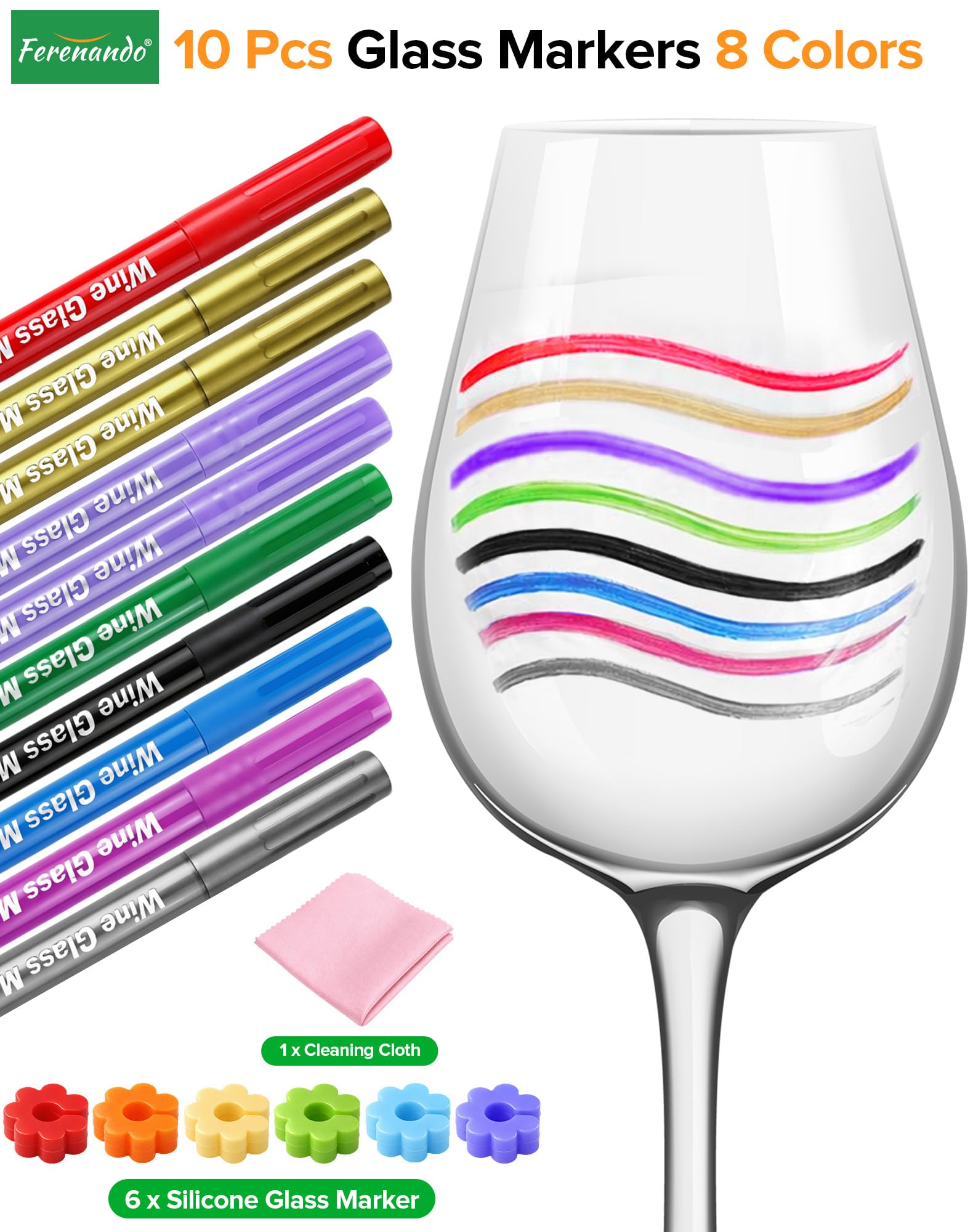10 Stück Glasmarker für Partys & Feiern, Glasstift Abwaschbar Set mit 6 Silikon Glas Markierung & Reinigungstuch, Schnelltrocknend Glas Stifte für Abendessen, Party, Hochzeit