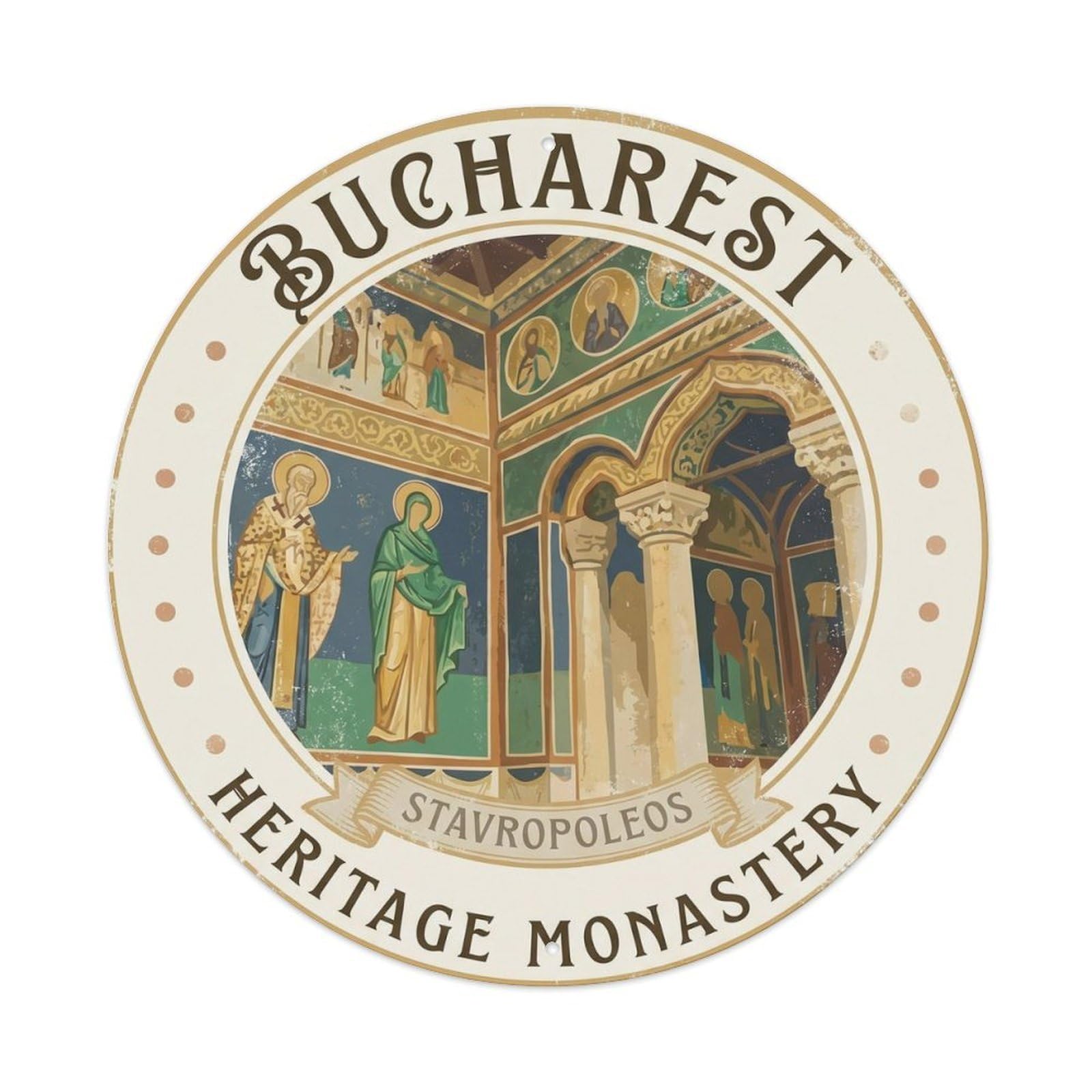 Heritage Bucharest Tourism Monastery Scenic Landmark Metal Tin Sign Plaque Wall Decor for Cafe, Man Cave, Club Bar, Office, Home Garden Round Metal Poster 8x8Inch
